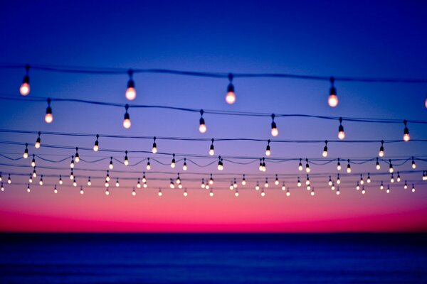 Linee di fili decorate con lampade sullo sfondo del tramonto