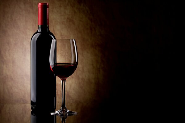 Bottiglia di vino rosso e bicchiere di vino