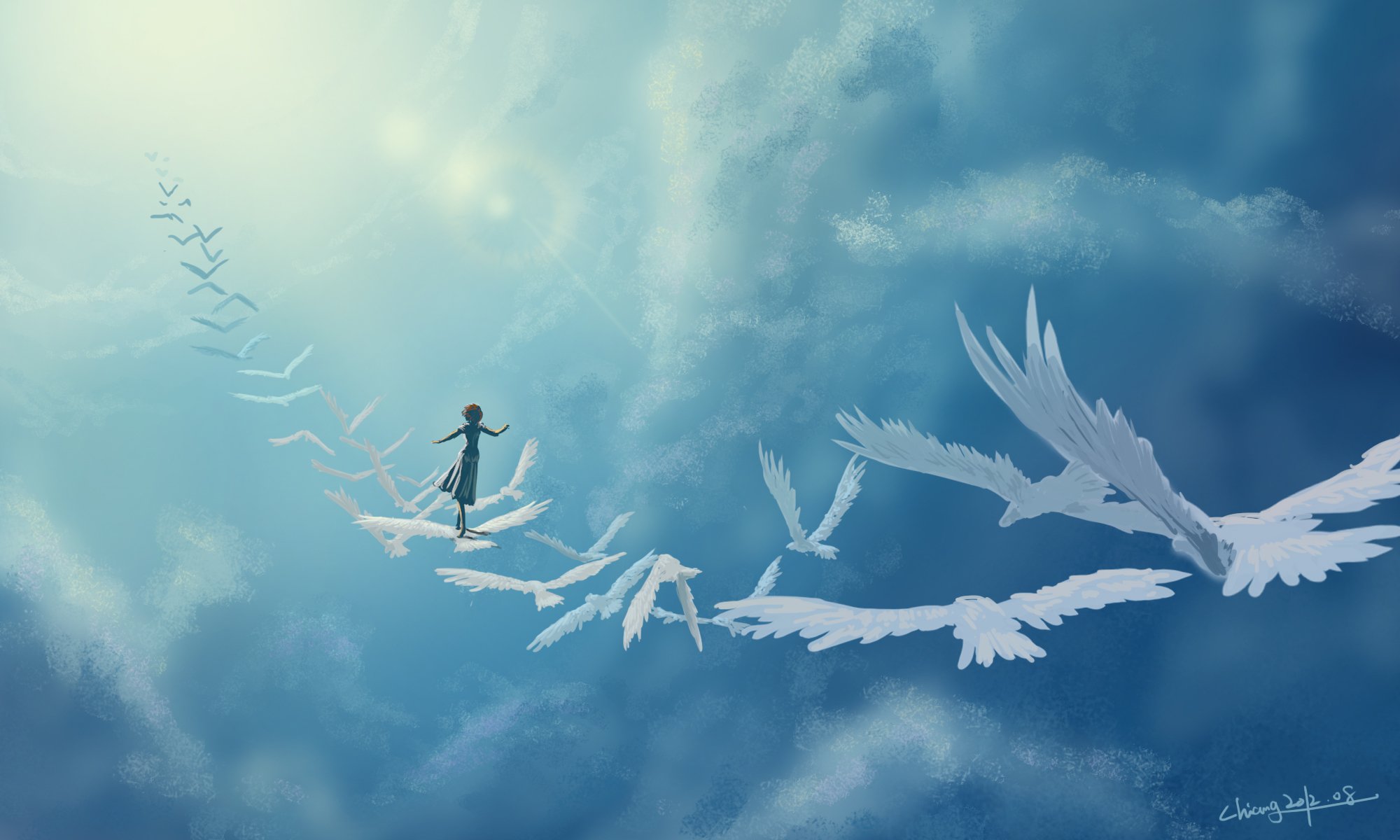 arte nel cielo uccelli ragazza fantasia nuvole