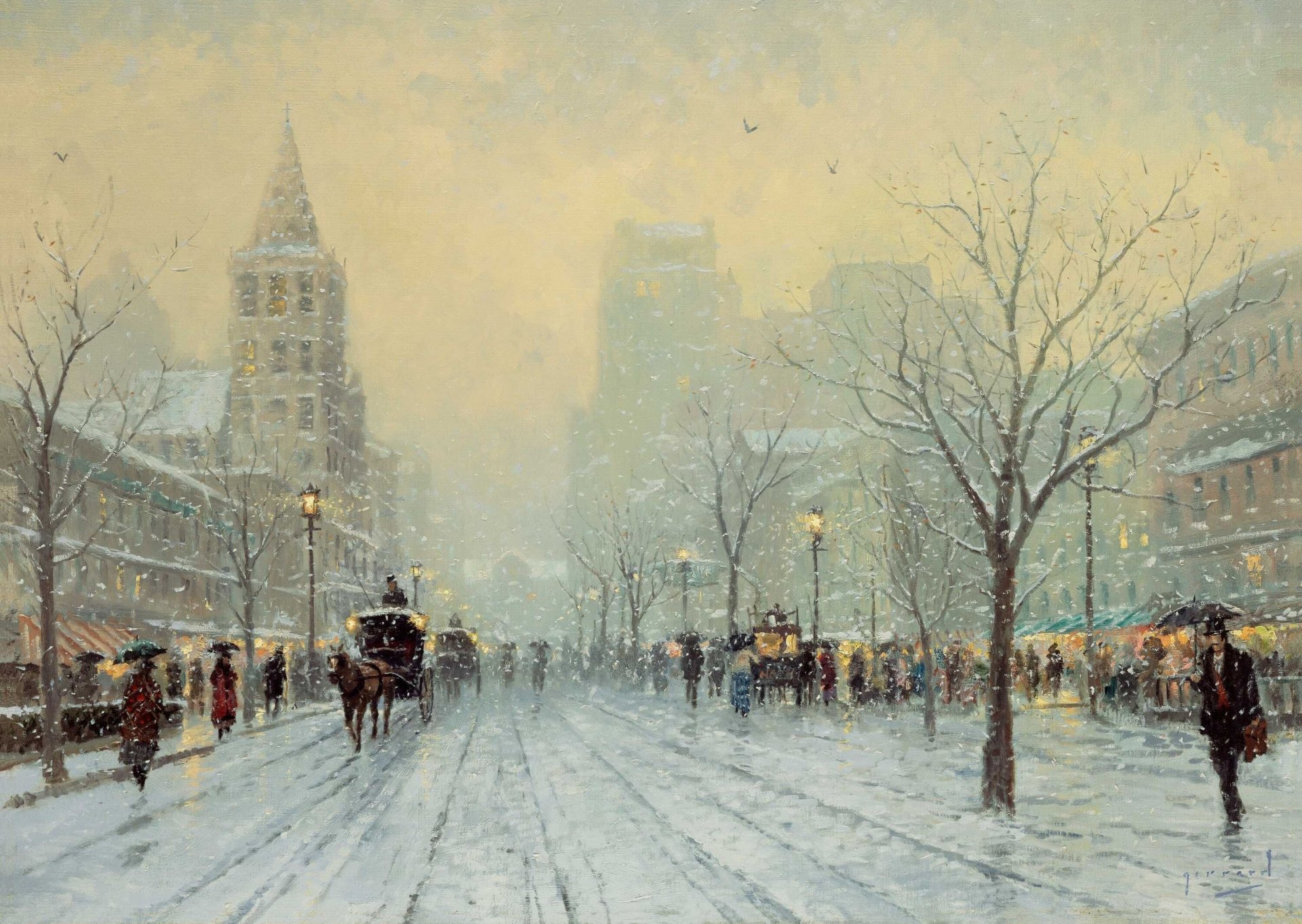 blu boulevard thomas kincaid pittura blu boulevard boulevard inverno freddo gelo ventoso nevoso sera lanterne pedoni carro carrozza vetrine neve scivoloso strada edifici nebbia invernale nebbia parigi francia