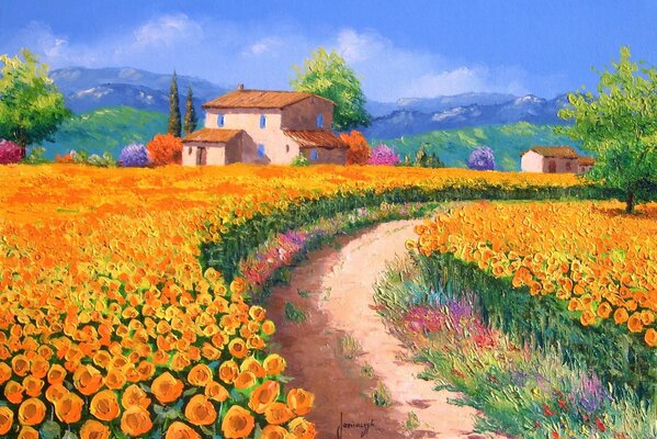 Pittura del campo dei fiori d arancio con la casa