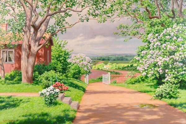 Pittura di paesaggio raffigurante una casa e un bellissimo giardino