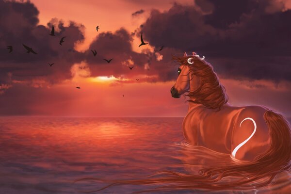 Cavallo rosso in piedi in rosso dal fiume tramonto