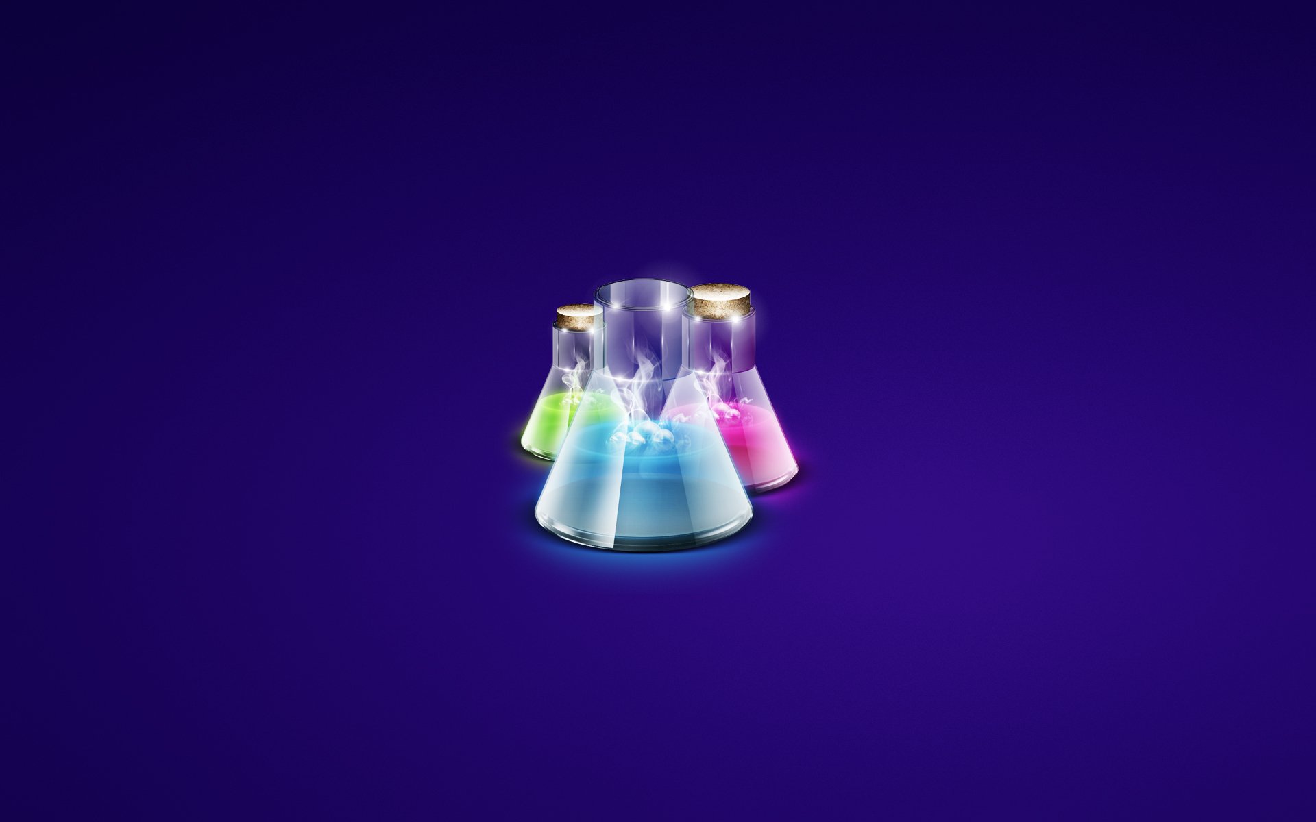 laboratorio boccette chimica sfondo scuro viola bluastro vetro tre verde rosso tappi chimica bolle fumo pozione articoli per la tavola minimalismo bottiglie