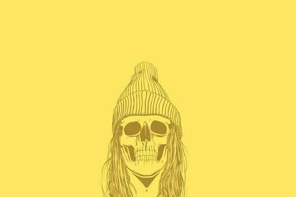 Cranio in un cappello su sfondo giallo