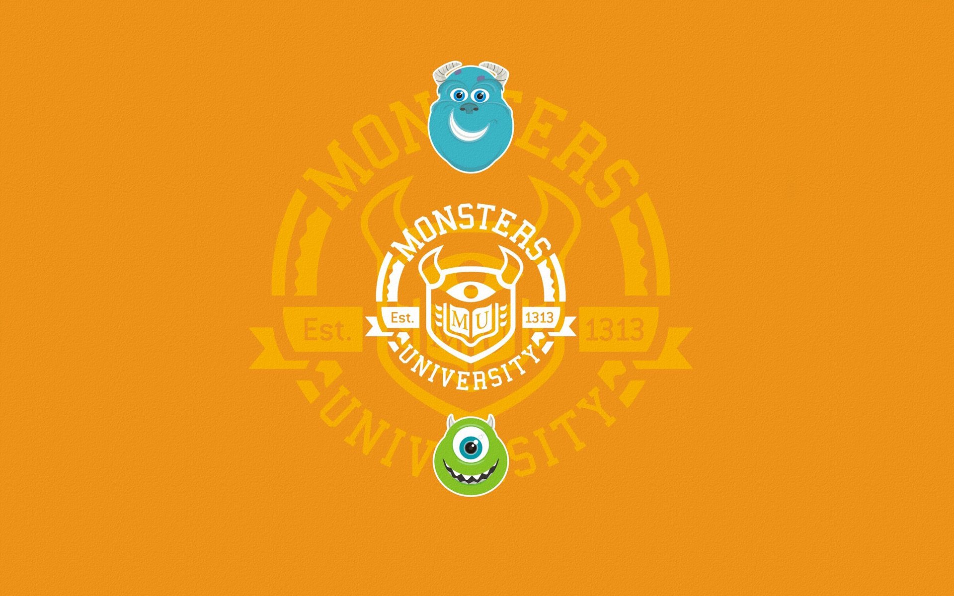 monsters university monsters inc monsters inc cerchio iscrizione facce blu verde sfondo arancione minimalismo