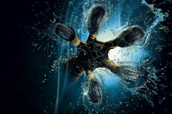 Zampa di dinosauro con pneumatici sott acqua