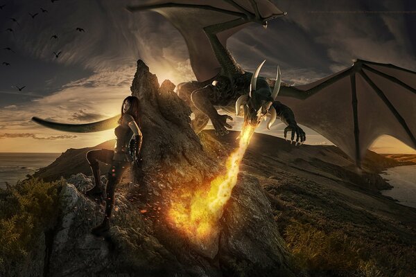 La ragazza e il drago combattono per la terra