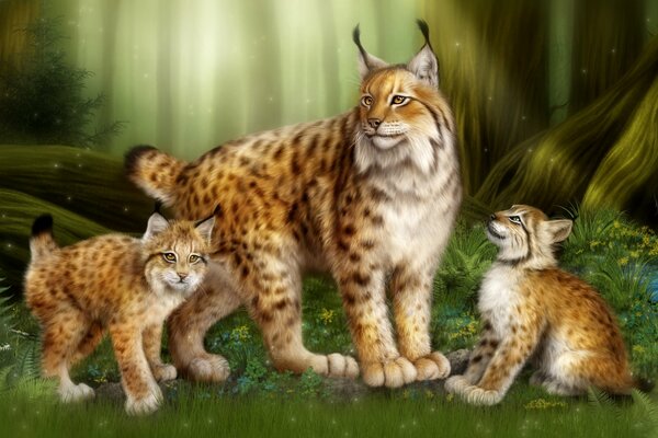 Lince con gattini nella foresta