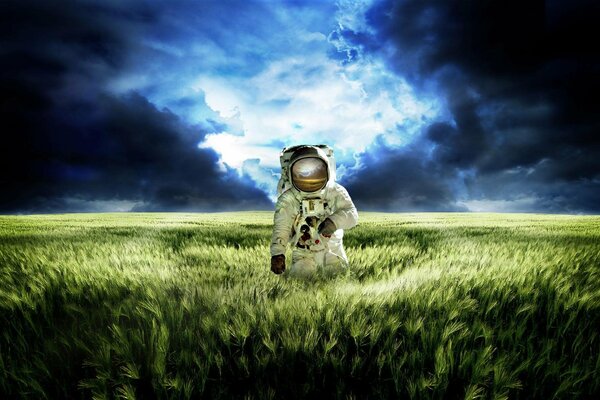 Campo prato cielo e astronauta