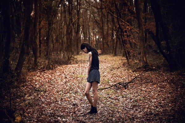 Ragazza in gonna corta in autunno nella foresta sulla strada