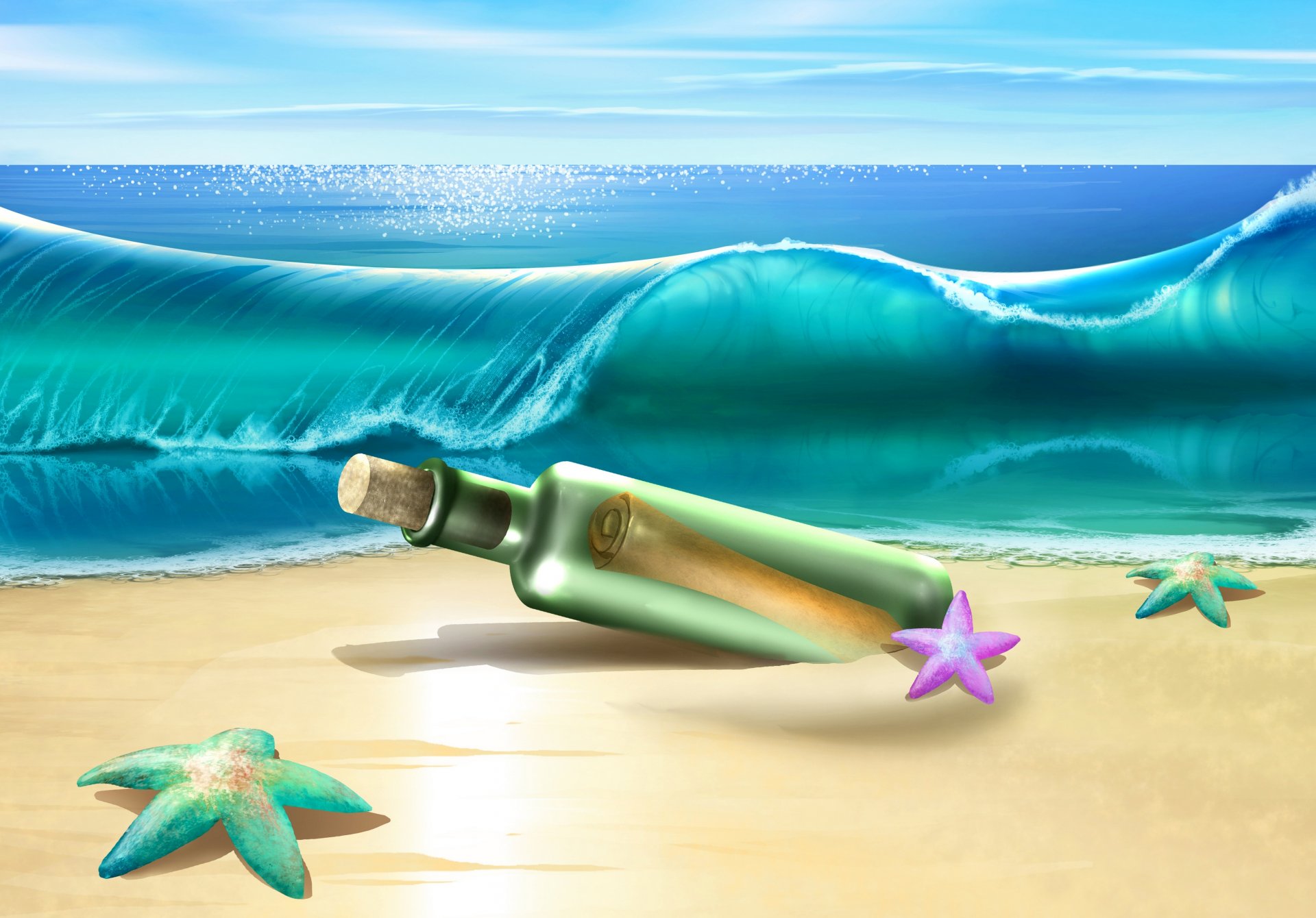 spiaggia mare onde bottiglia stelle