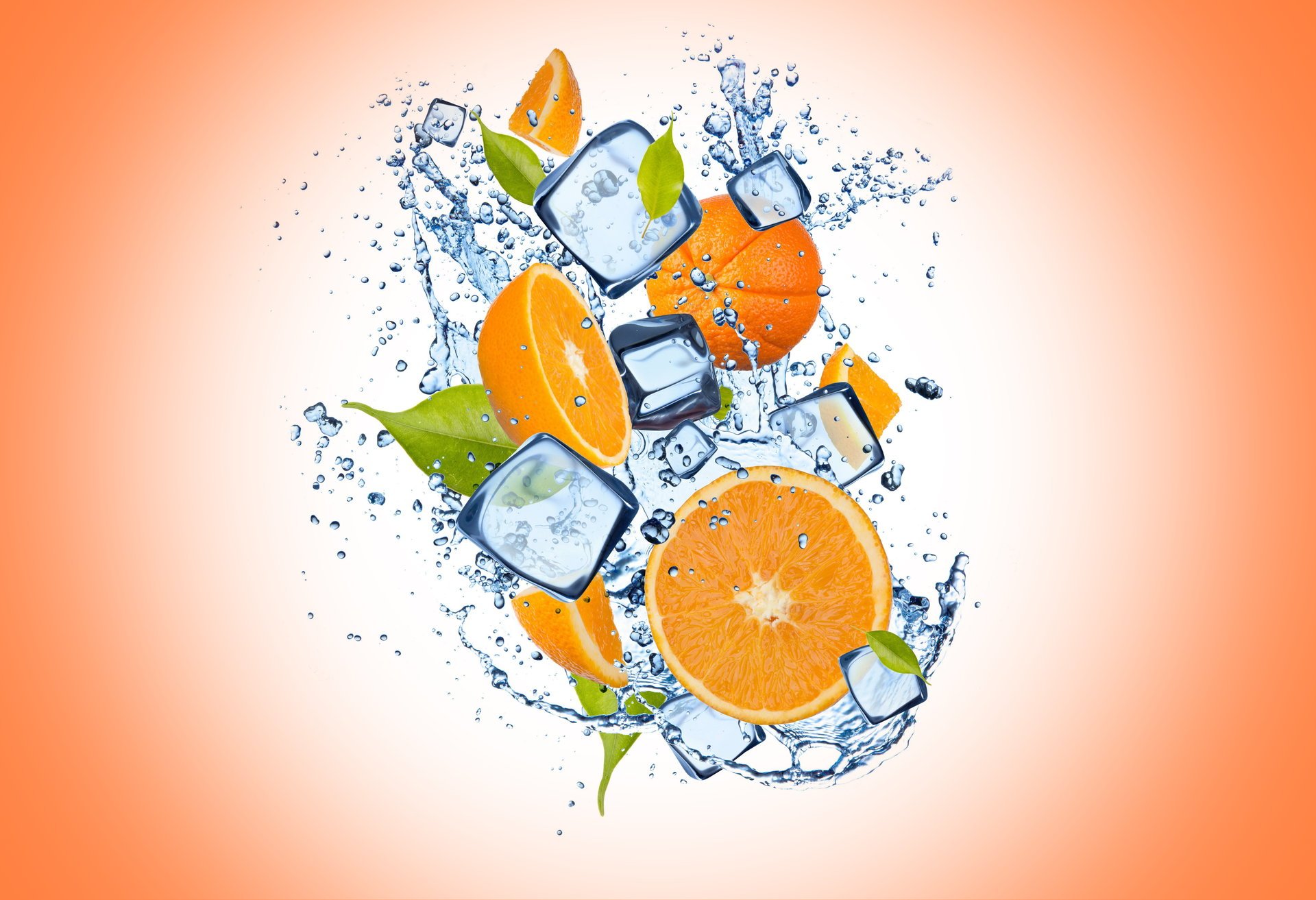 sfondo arancione arancione fette ghiaccio acqua gocce arancione