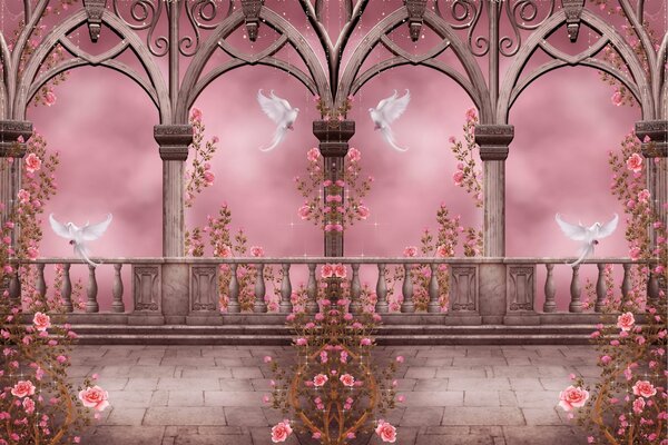 Piccioni in un giardino di rose con archi