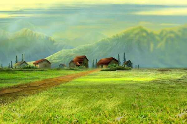 Arte del paesaggio con piccole case e campo verde