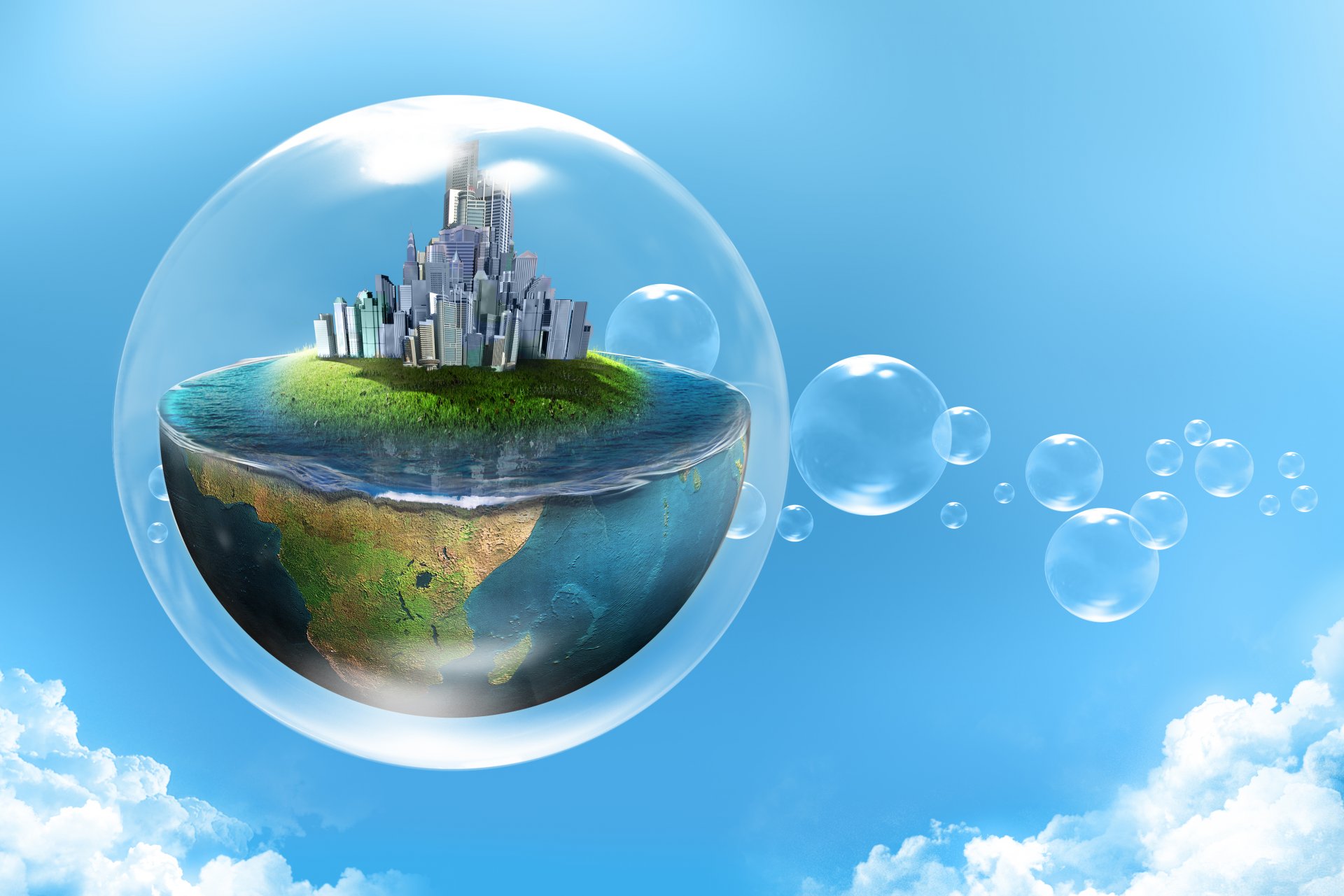 creativo bolla città pianeta metà acqua nuvole cielo