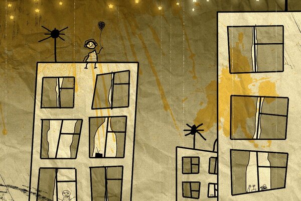 Disegno triste di un ragazzo sul tetto di una casa