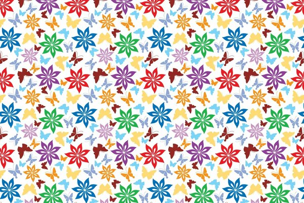Farfalle colorate e fiori su sfondo bianco