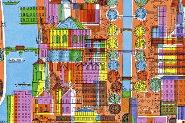 Disegno su tela. Città con case, strade e alberi