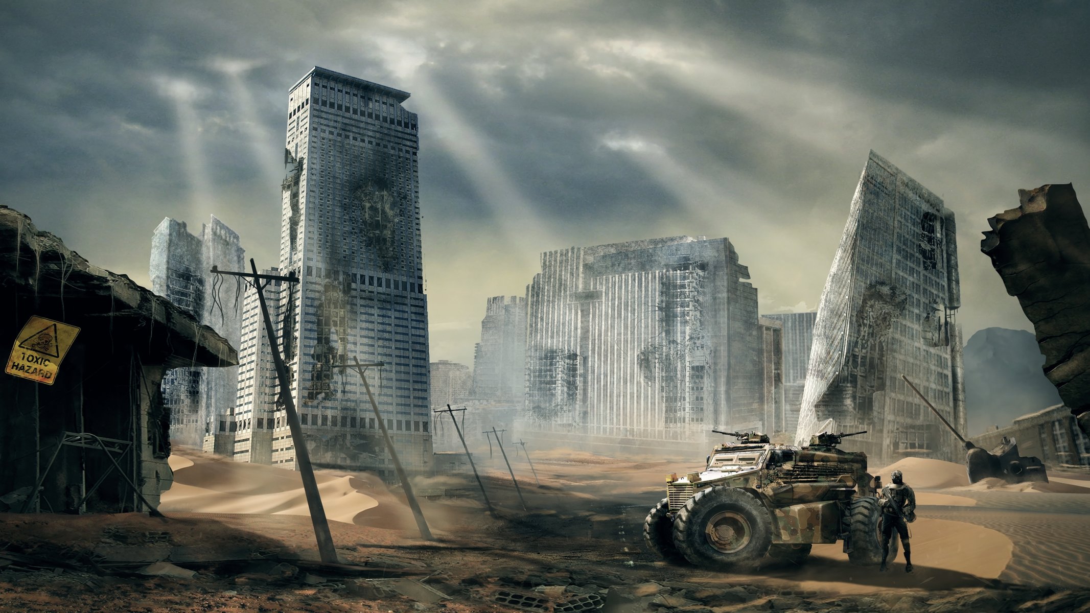 arte città sabbia rovine abbandono post-apocalisse macchina uomo cannoni linee elettriche