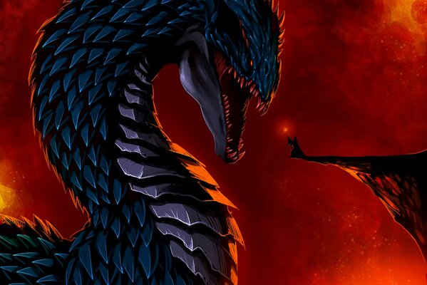 Un personaggio della fantascienza un drago blu scuro coperto di squame sfrigola lo sguardo di un uomo con un bastone