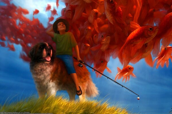 Ragazzo pescatore ha un cane e una canna da pesca
