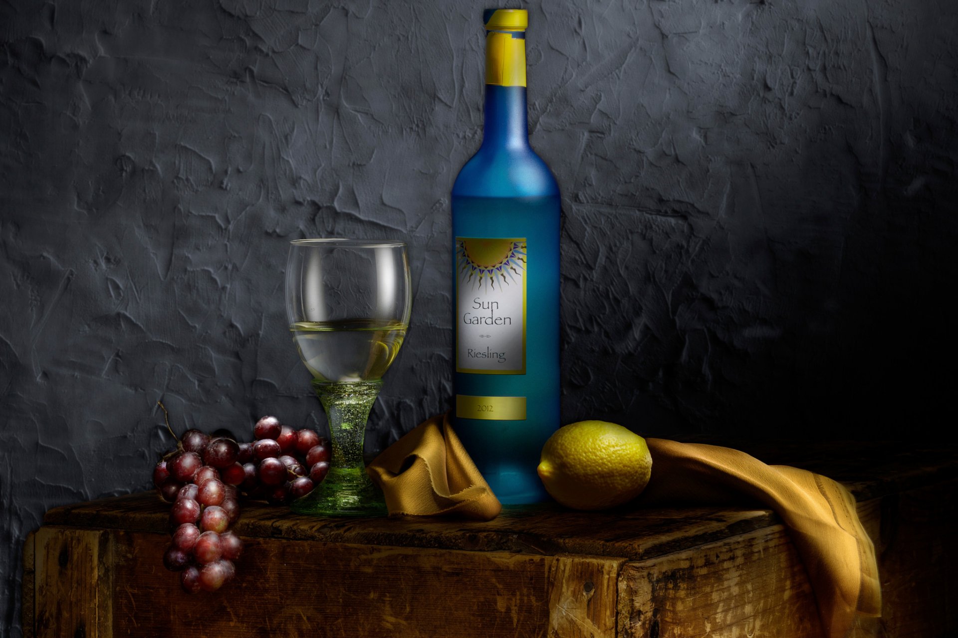 bottiglia di vino natura morta uva limone vino bicchiere