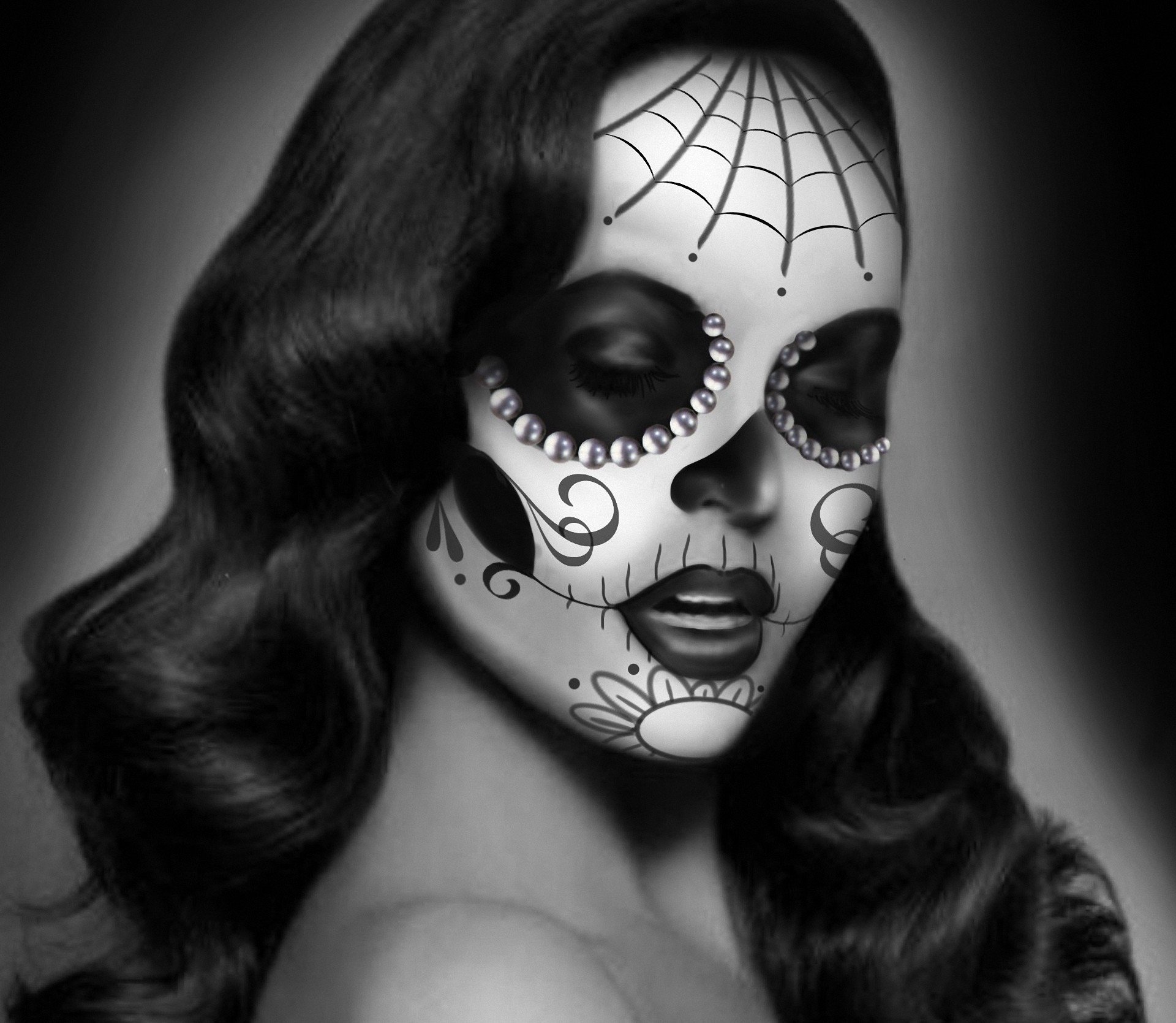arte ragazza colorazione bianco e nero monocromatico strass ragnatela