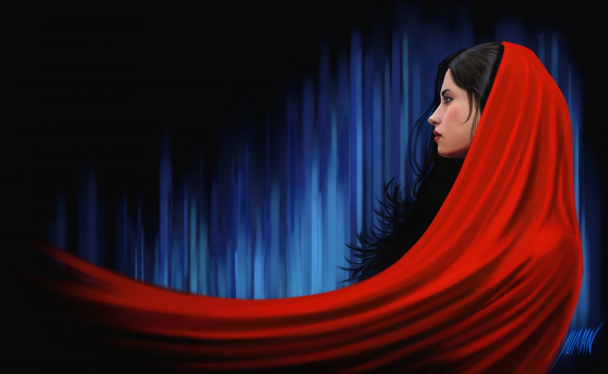 arte arash salehe shoushtari ragazza profilo rosso mantello tessuto