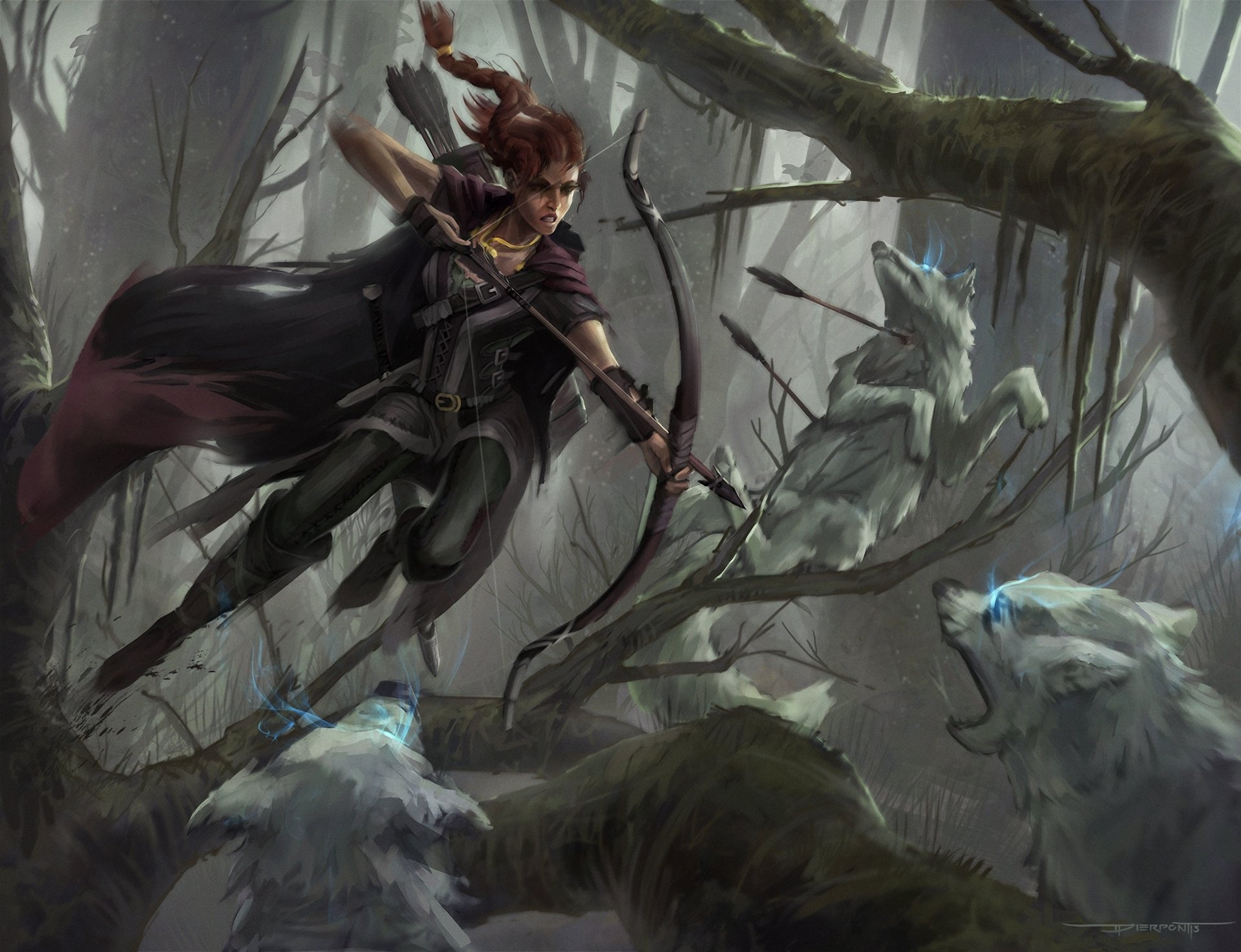 arte ragazza arciere lupi frecce foresta battaglia salto