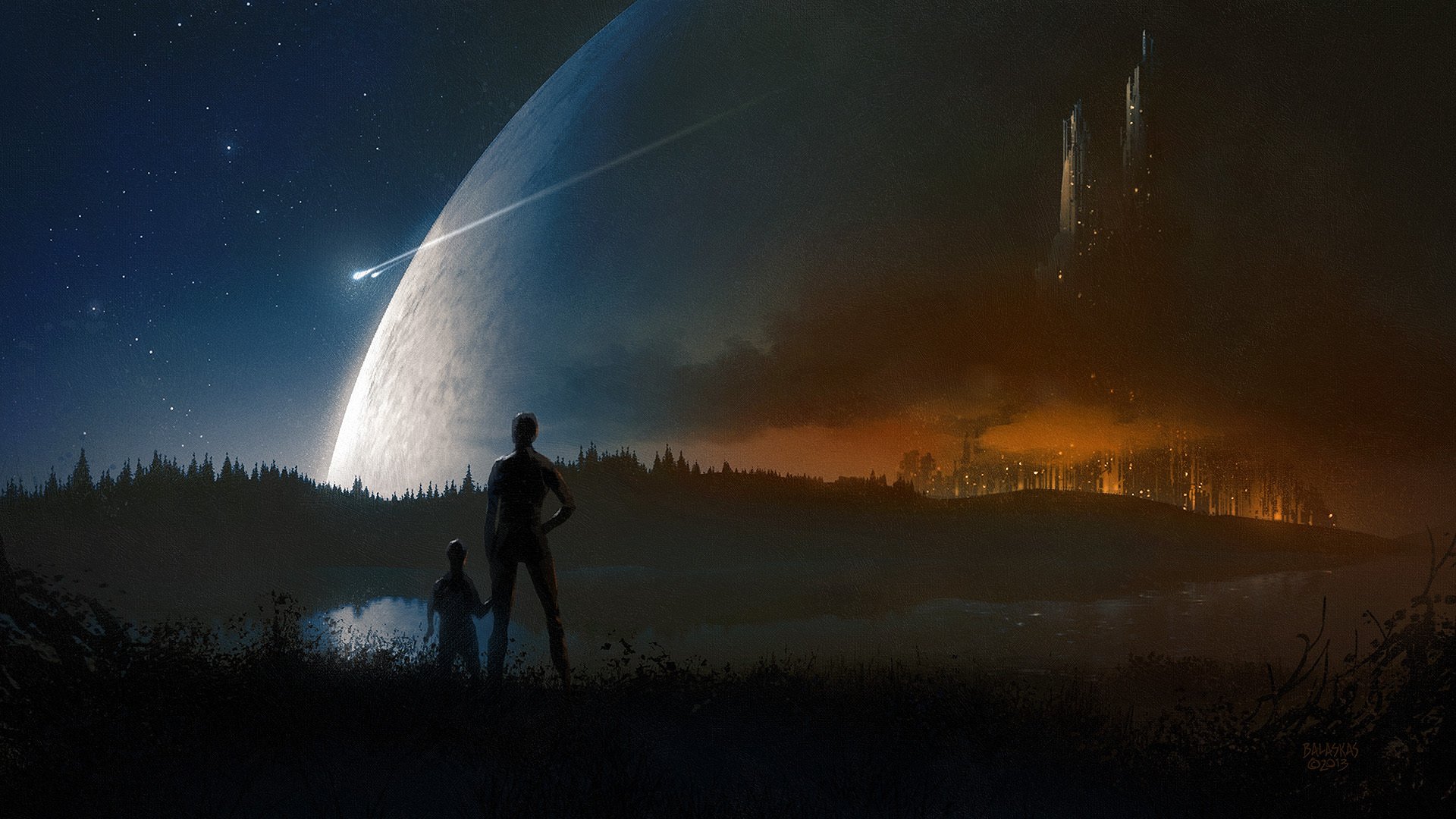 arte christopher balaskas pianeta vista persone città notte luci lago navi sentiero stelle
