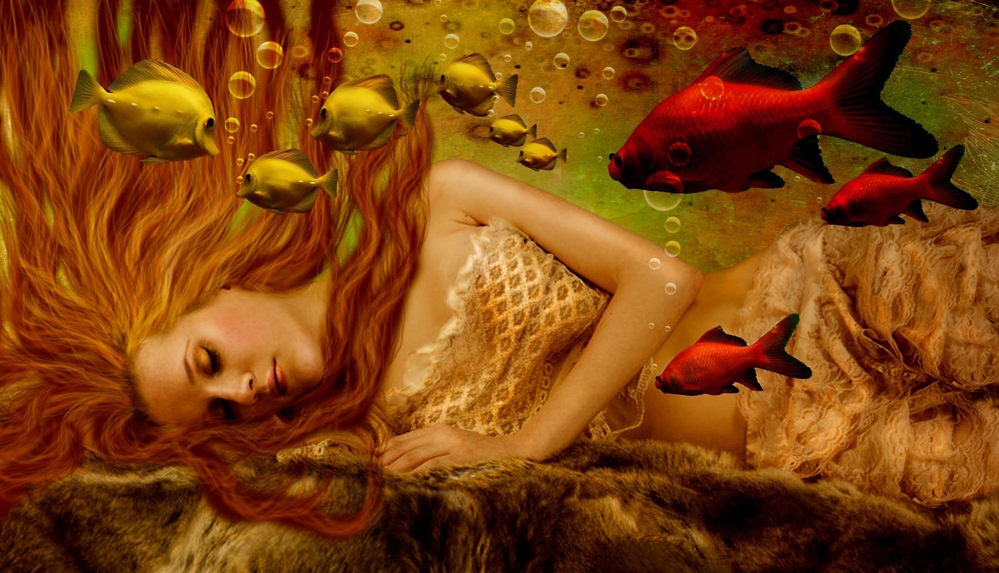 fantasia ragazza sirena acqua bolle viso capelli lungo braccia pesce