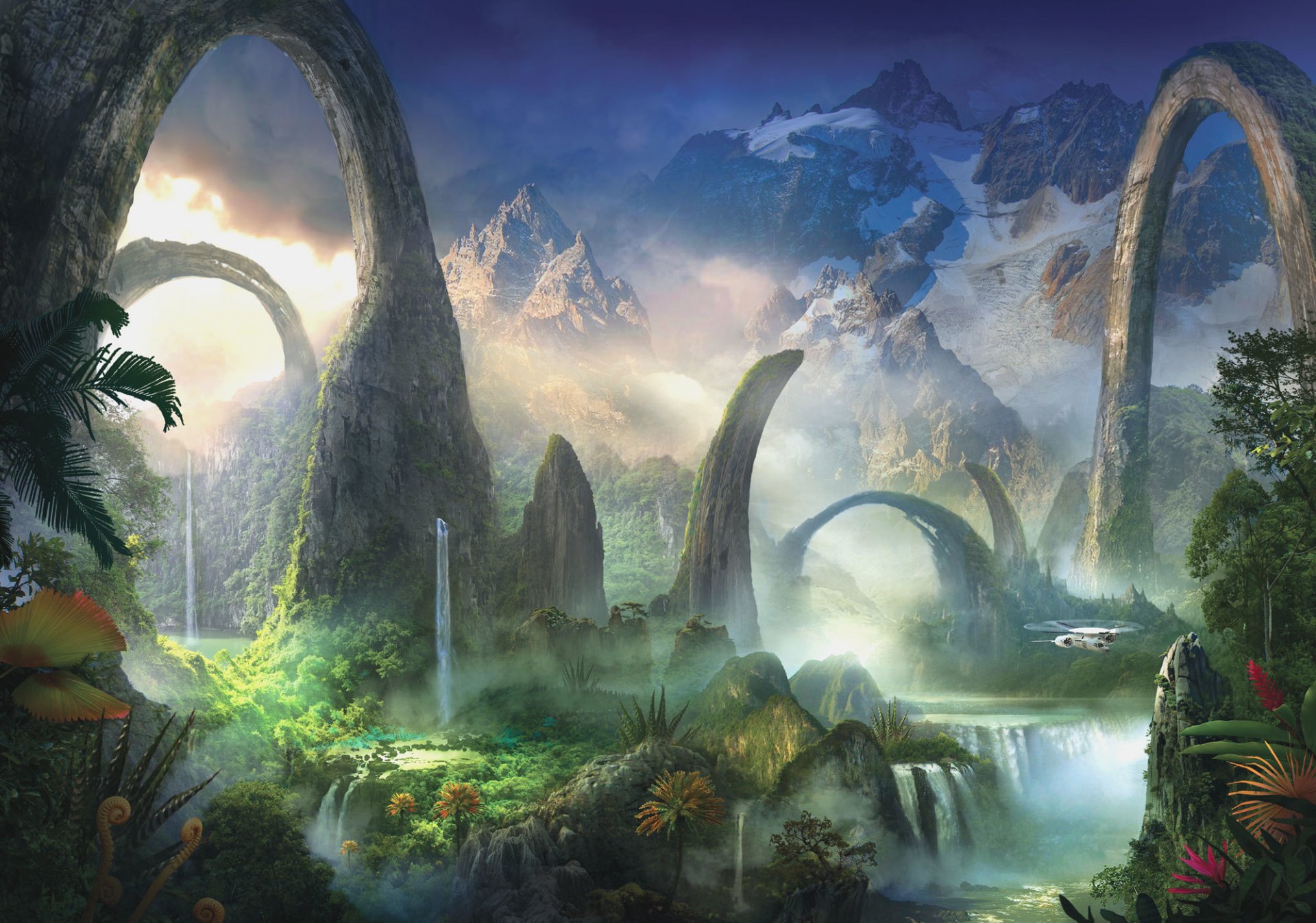 arte mondo fantastico paesaggio archi piante verde acqua cascate montagne elicottero