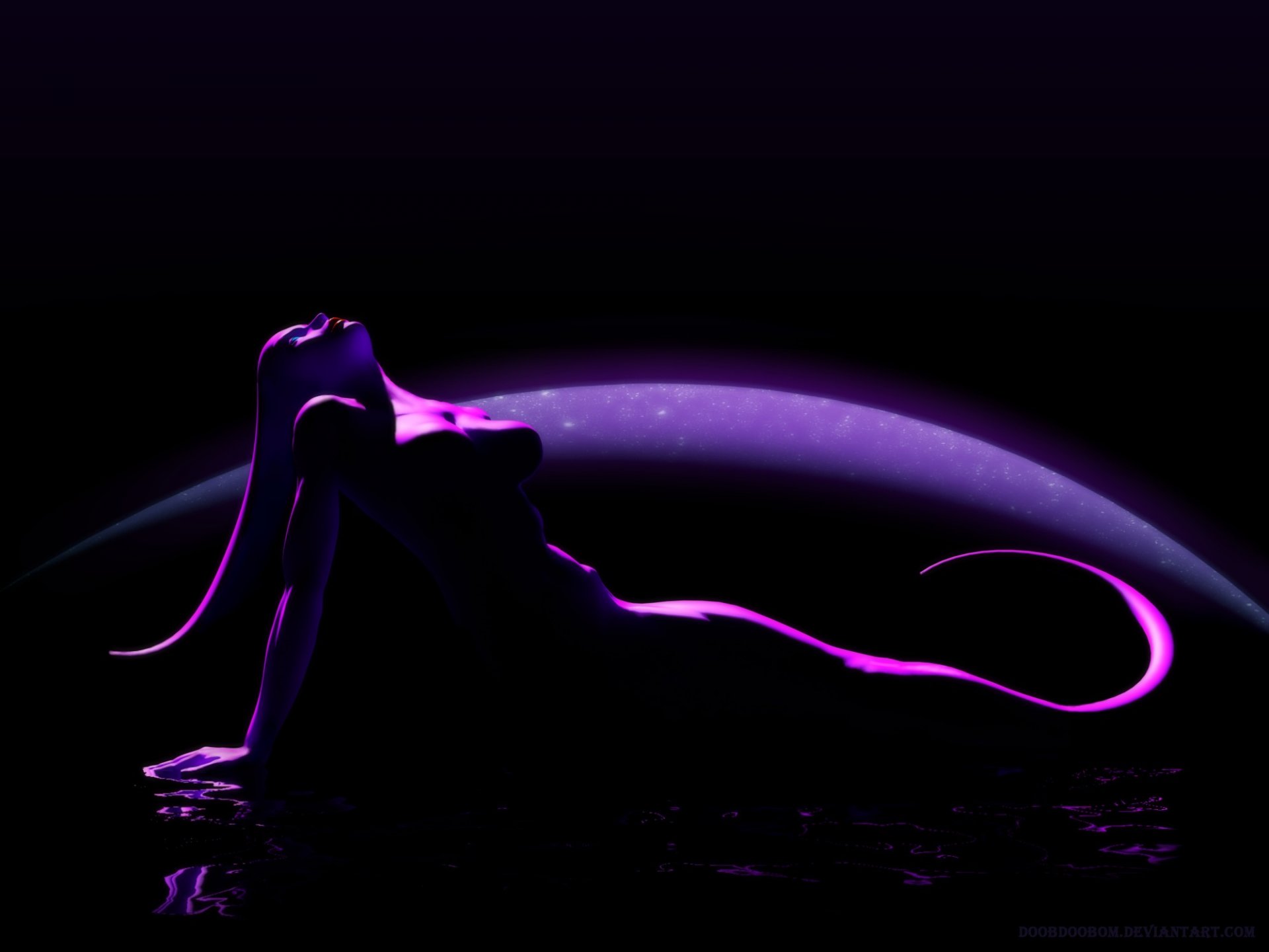 fantascienza ragazza creatura coda sguardo labbra rosse notte acqua riflessione