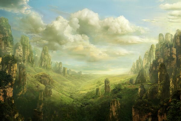 Paesaggio fantasy di una valle verde con rocce