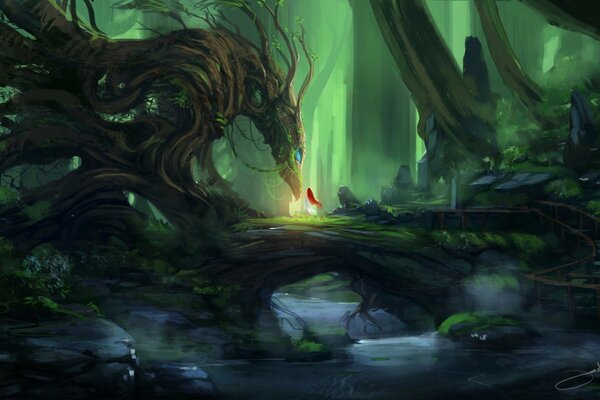 Foresta favolosa con drago e ragazza