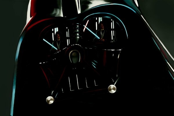 L elmo di Darth Vader riflette un Jedi con una spada