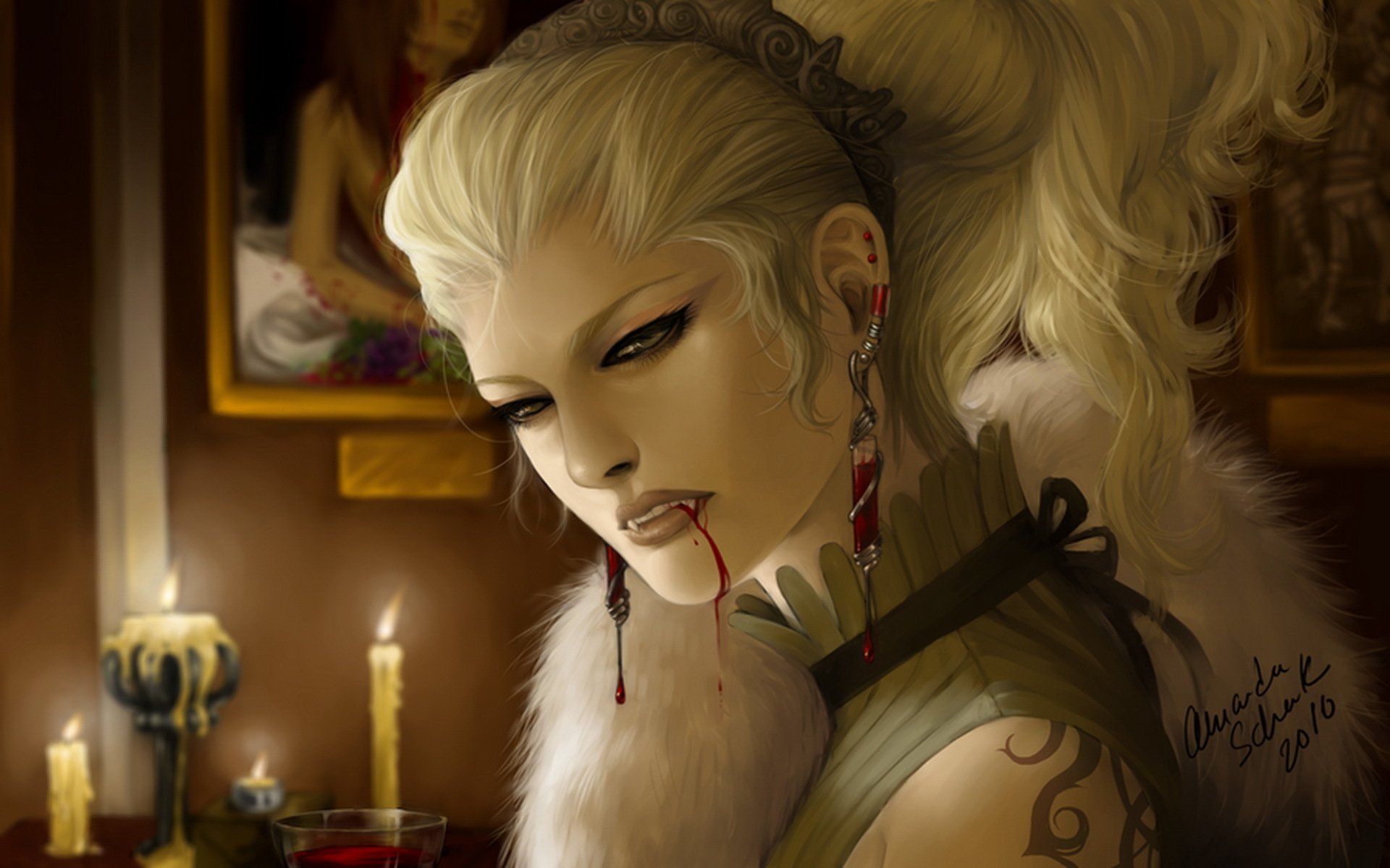 arte ragazza vampiro sangue candele decorazione pelliccia
