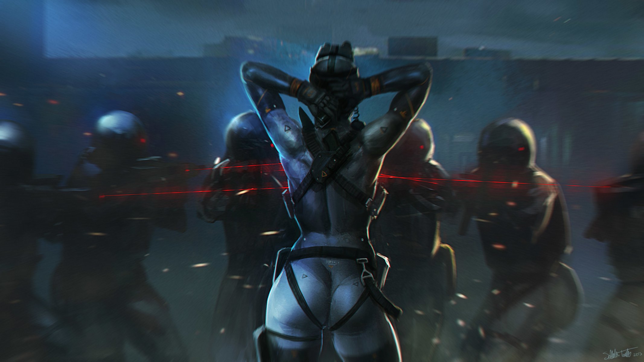 arte salvador trakal ragazza soldati commando nemici notte spalle vista laser