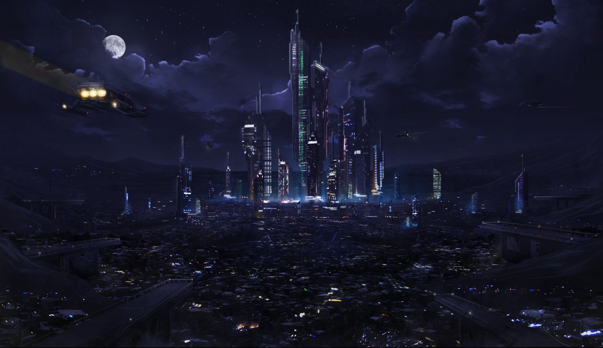 plaza ken lebras astrokevin fantasia città lanterne futuro astronavi notte cielo nuvole luna luci futuro fantascienza cielo notturno