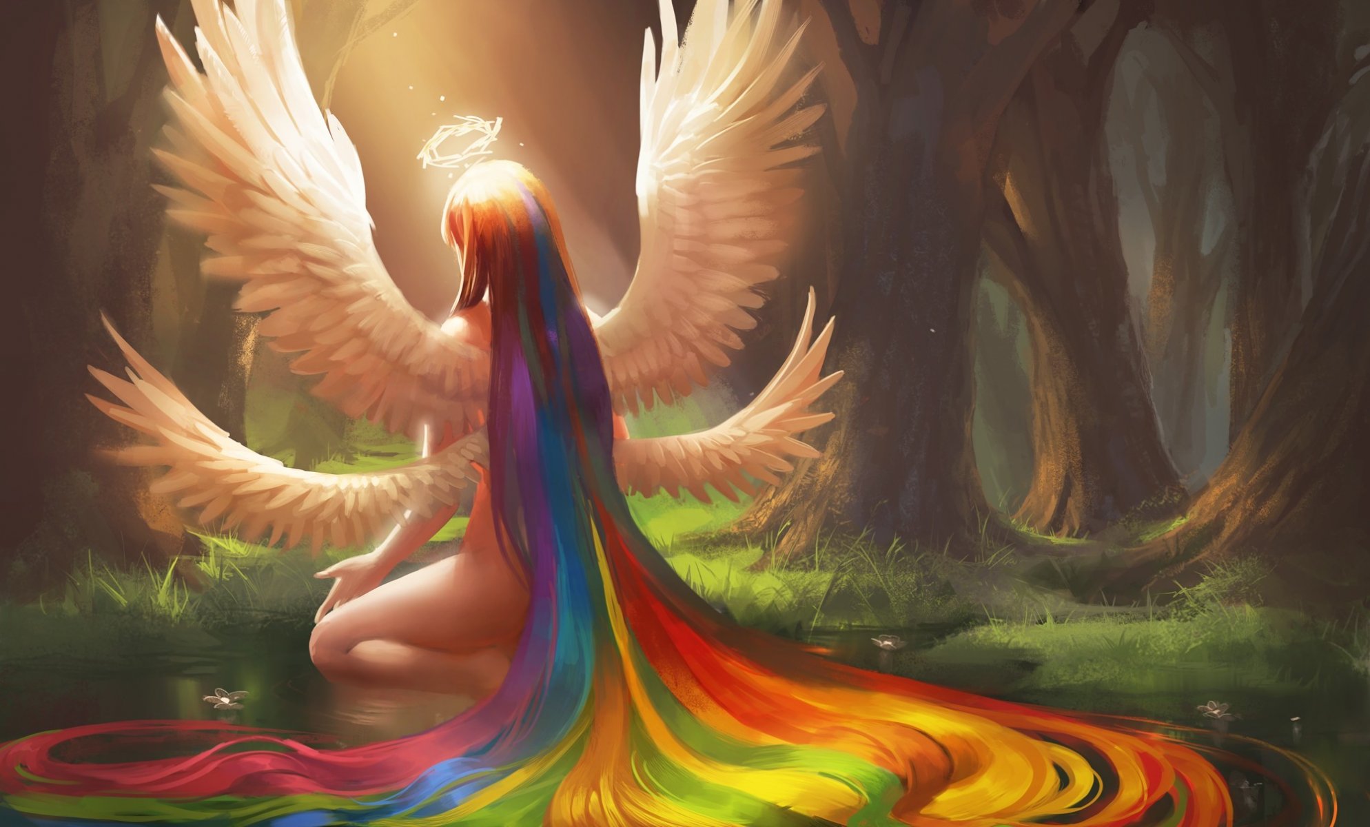 arte sakimichan ragazza arcobaleno capelli ali angelo alone foresta stagno acqua fiori seduta schiena
