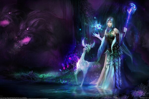Ragazza magica con un bastone in mano e creature magiche
