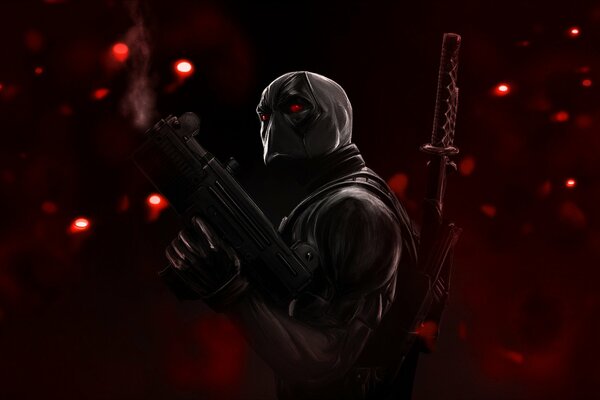 Deadpool con katana su sfondo rosso con riflessi