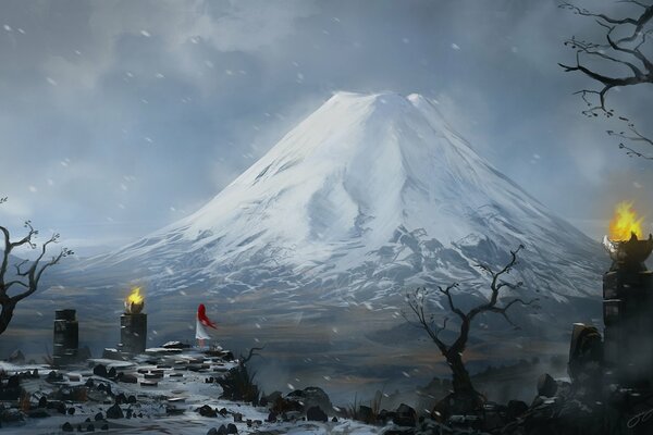 Uomo solitario sullo sfondo di un vulcano solitario