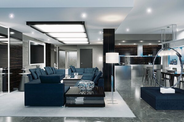 Design del soggiorno in stile blu bianco