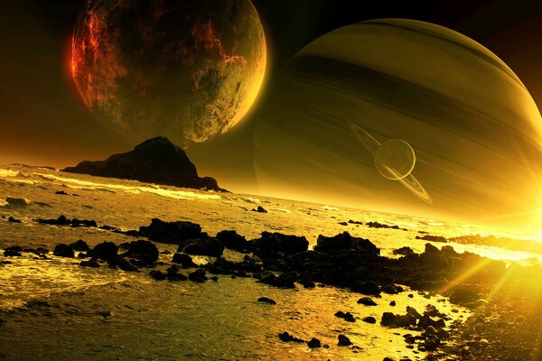 Arte tramonto pianeta satellite