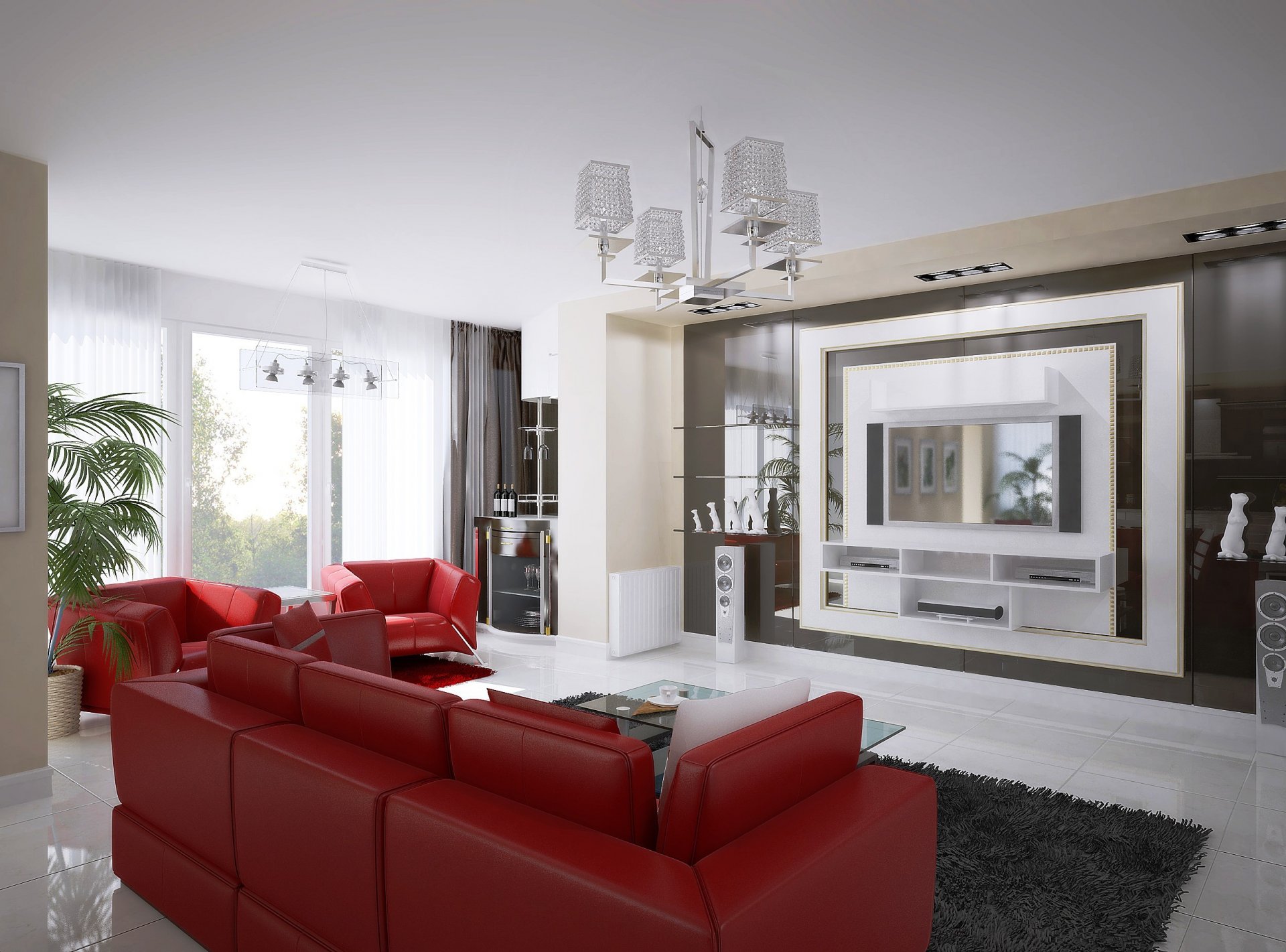 interno design camera rosso divano
