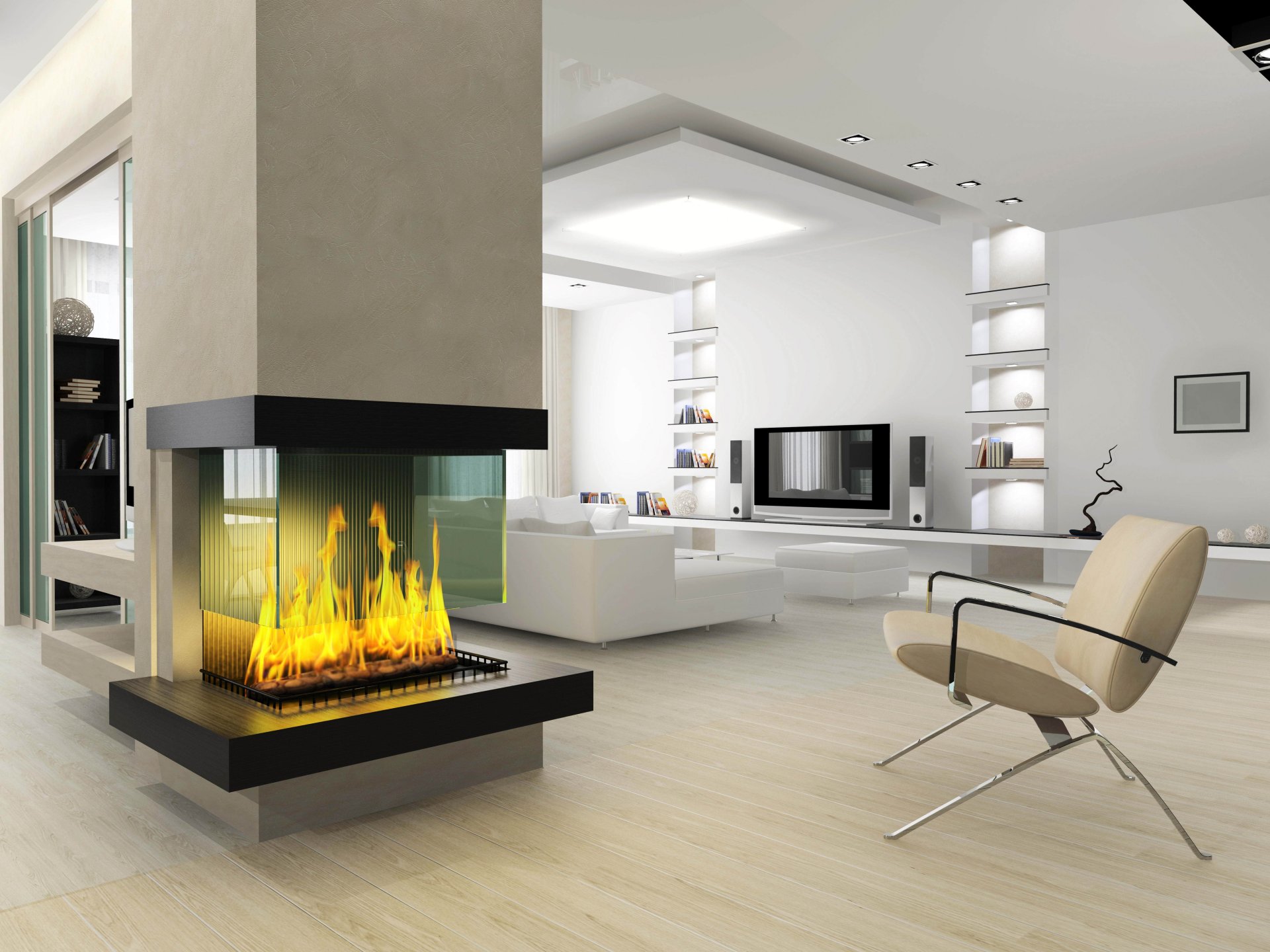 interni design stile camera camino fuoco