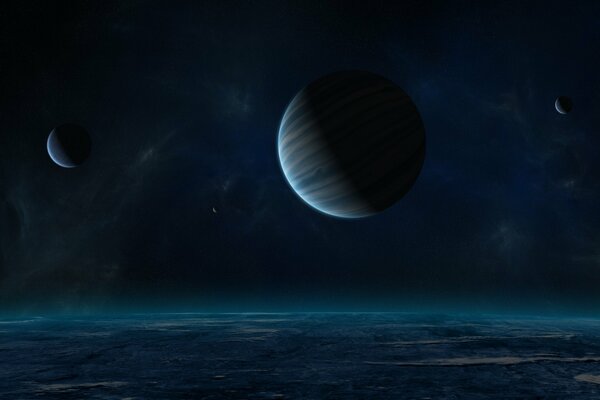 Pianeta con satellite nello spazio notturno
