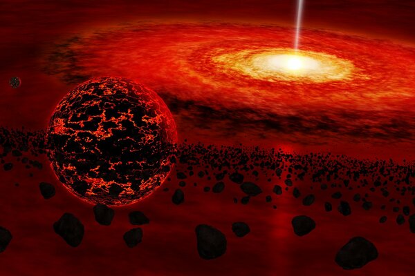 Pianeta e detriti di pietre sullo sfondo di una palla di fuoco